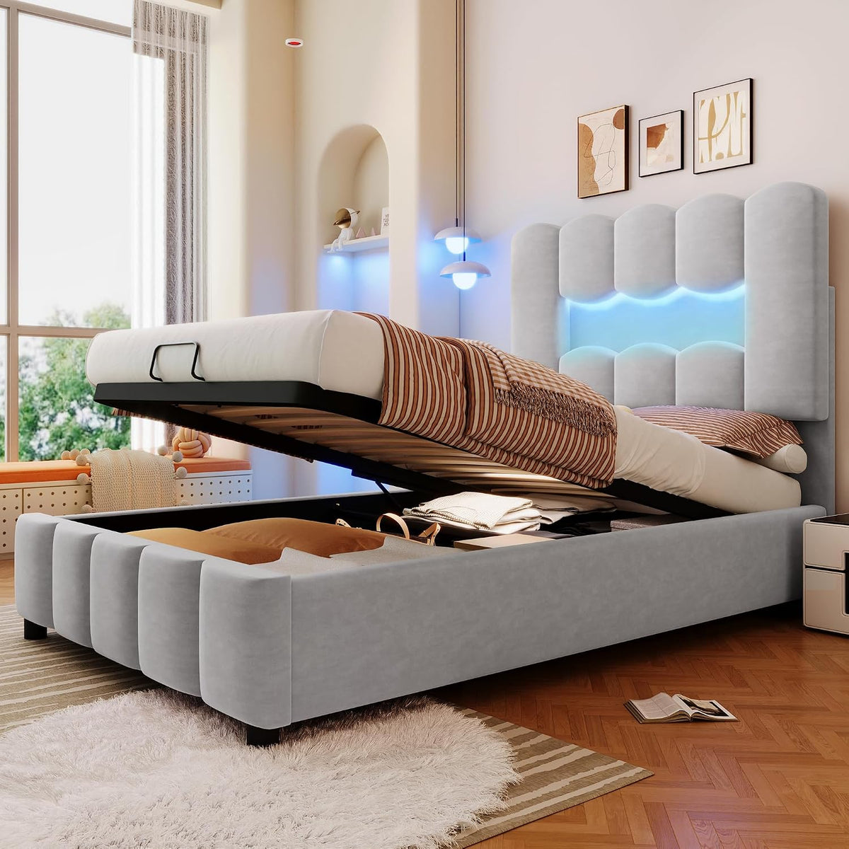 Bett, 90 × 200 cm, verstellbar, mit LED, mit Stauraum, Grau, Jovify