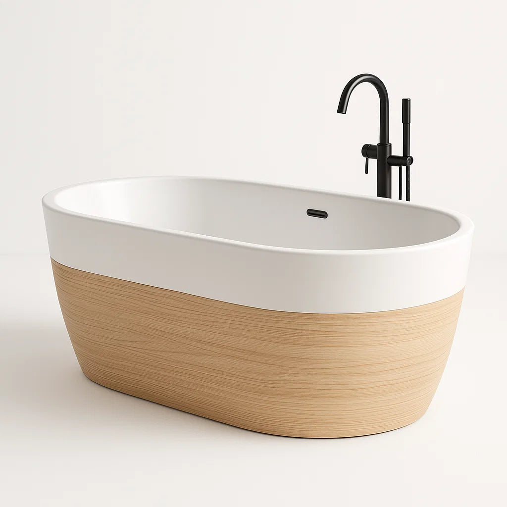 Freistehende Badewanne Acryl Weiß Eiche Furnier