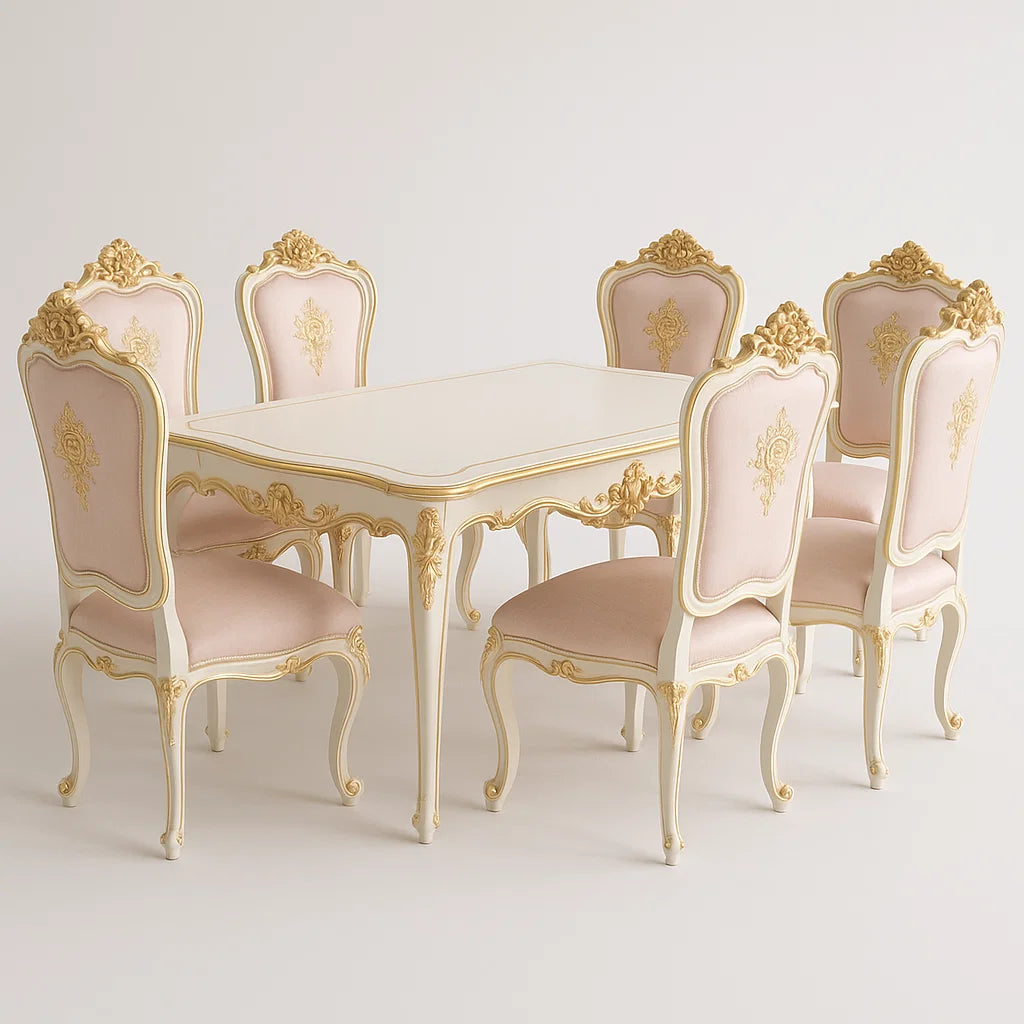 Esszimmer-Set aus Holz mit Tisch und 6 Stühlen in Creme und Gold