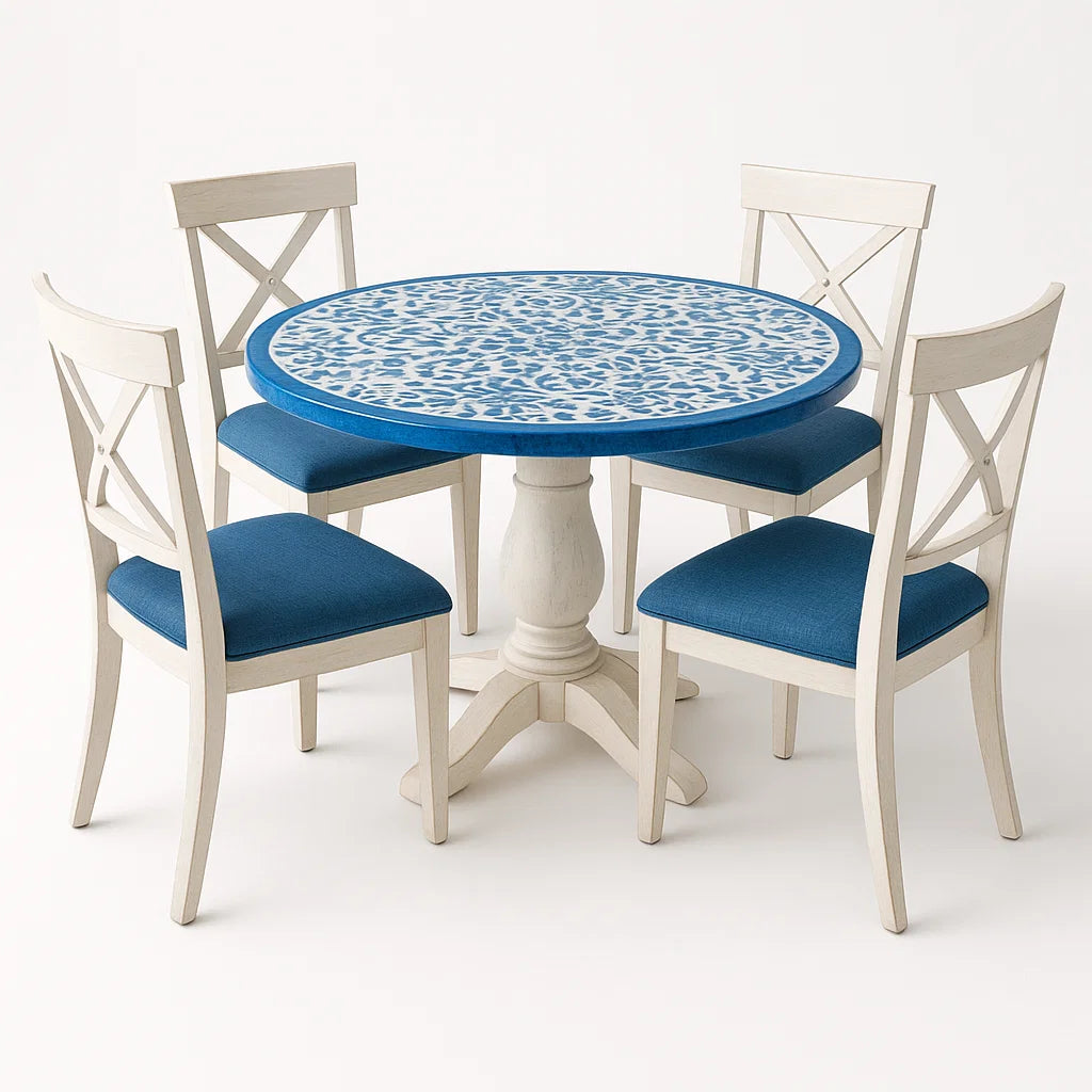 Rundes Esstisch-Set mit Keramikplatte und 4 Holzstühlen Blau/Weiß