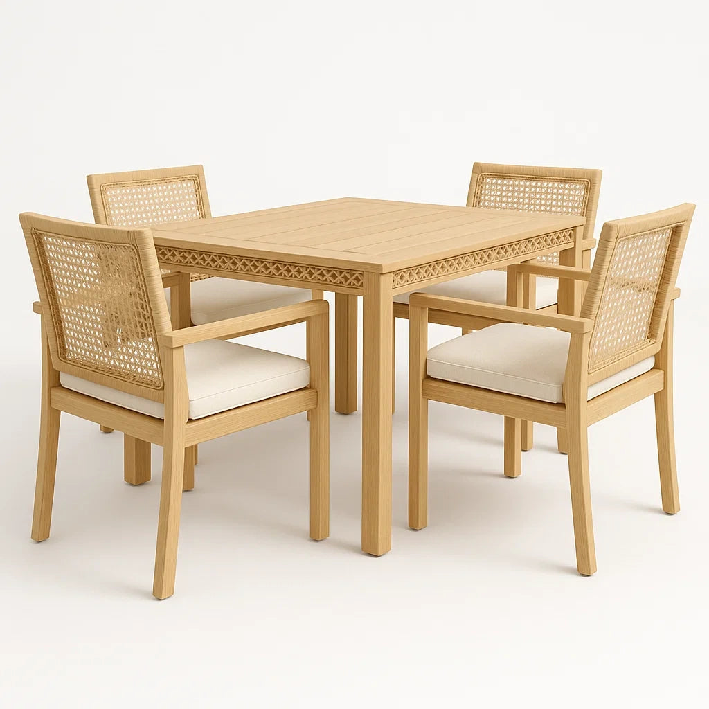 Holz-Esstisch-Set mit Stühlen und Rattangeflecht, Hellbraun
