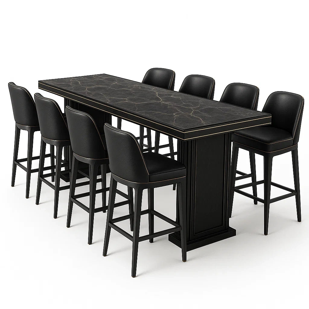 Essgruppe aus Kunstleder und Marmoroptik, 8-teilig, Schwarz