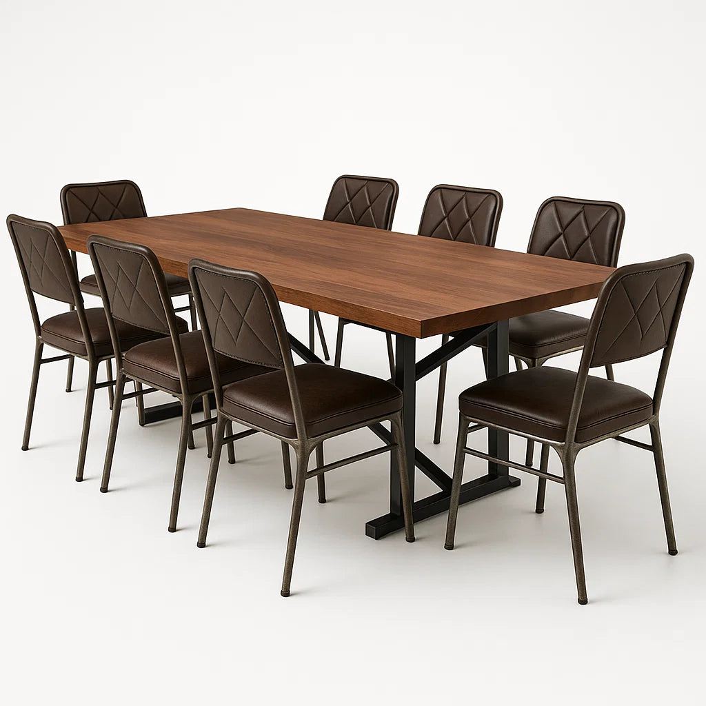Essgruppe mit Tisch aus MDF und 8 Stühlen aus Metall und Kunstleder