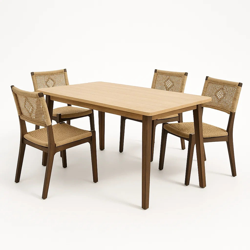 Esstischset aus Eichen- und Buchenholz mit Rattangeflecht für 4 Personen, 150x90cm