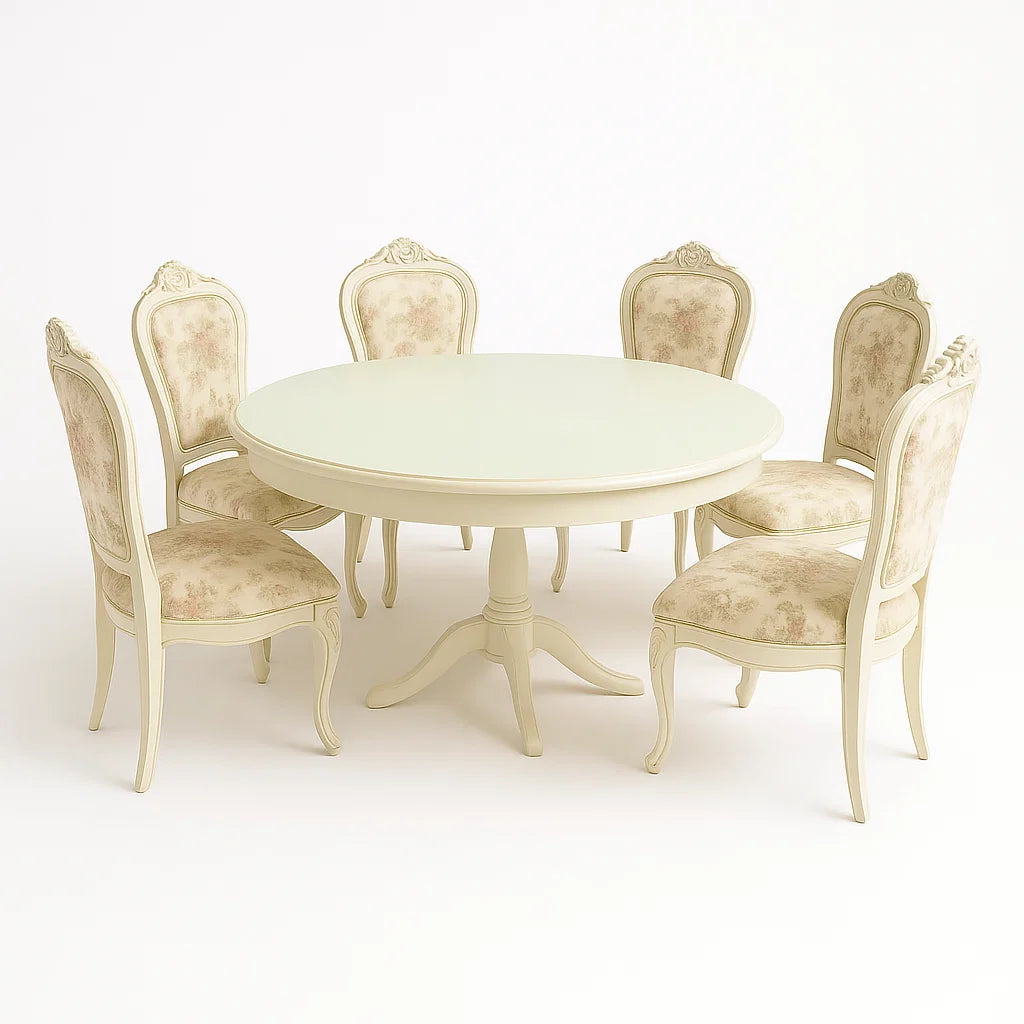 Runder Esstisch aus Holz mit 6 Stühlen, Beige