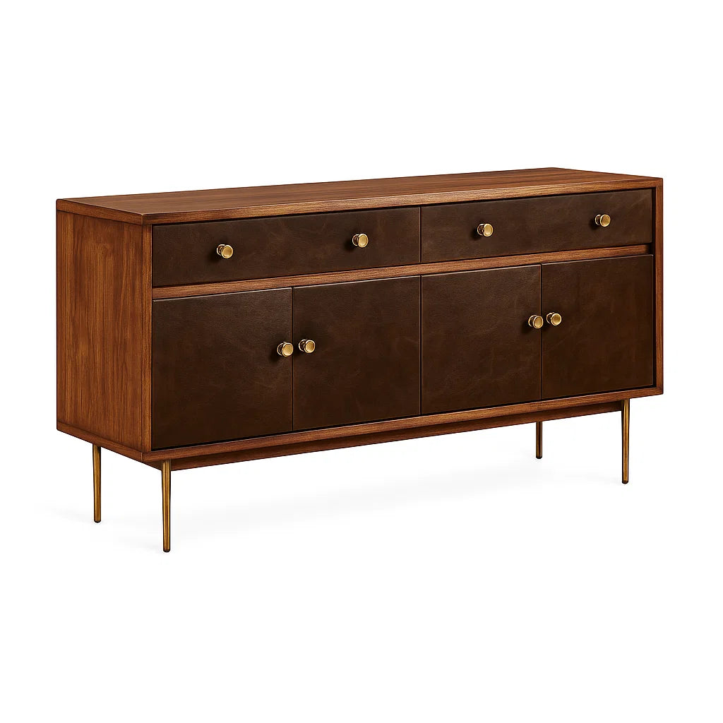 Sideboard aus Walnussholz und Kunstleder Dunkelbraun 150x45x80cm