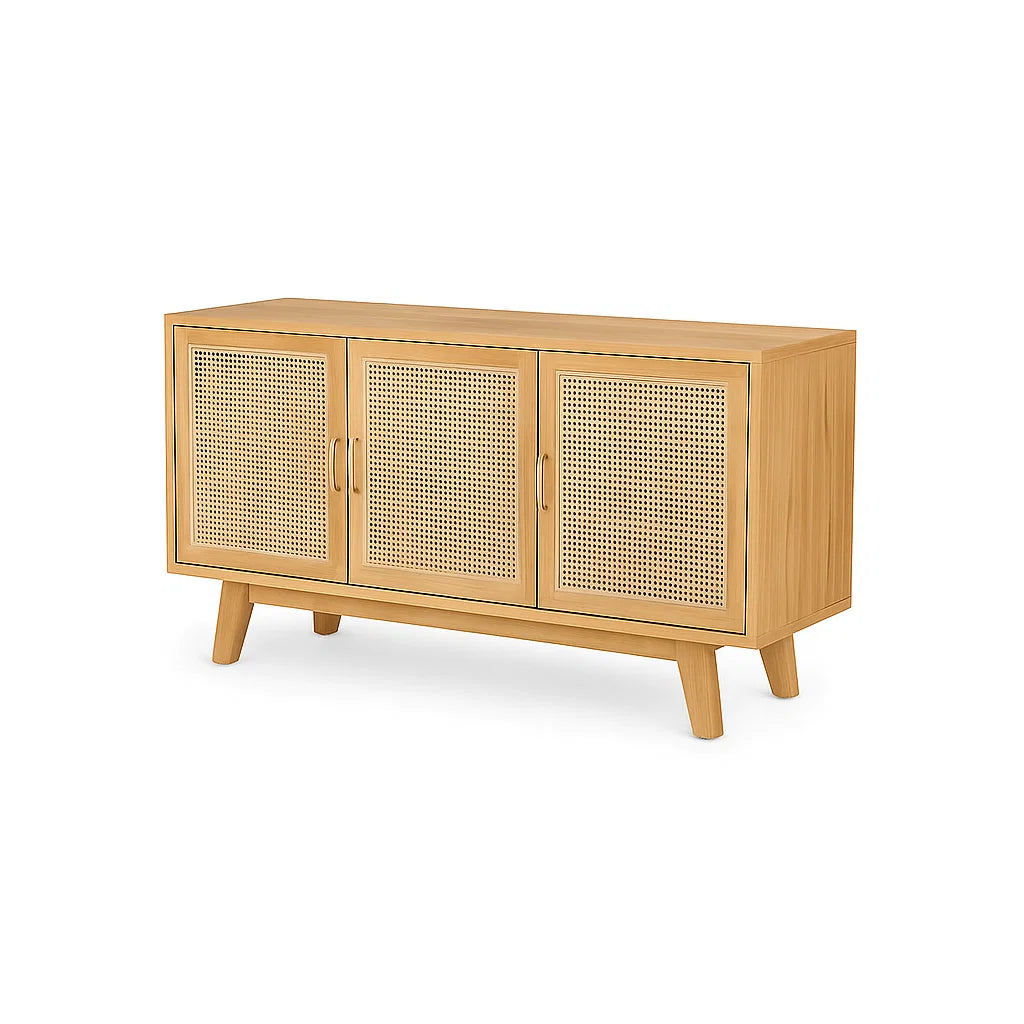 Holz Sideboard mit 3 Türen und Rattangeflecht