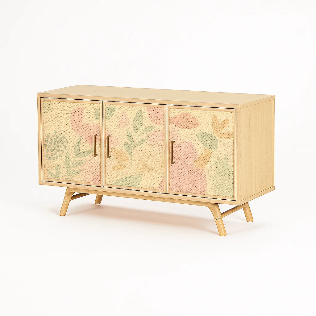 Sideboard aus Eichenholz mit bunten Rattantüren 120x40x75cm