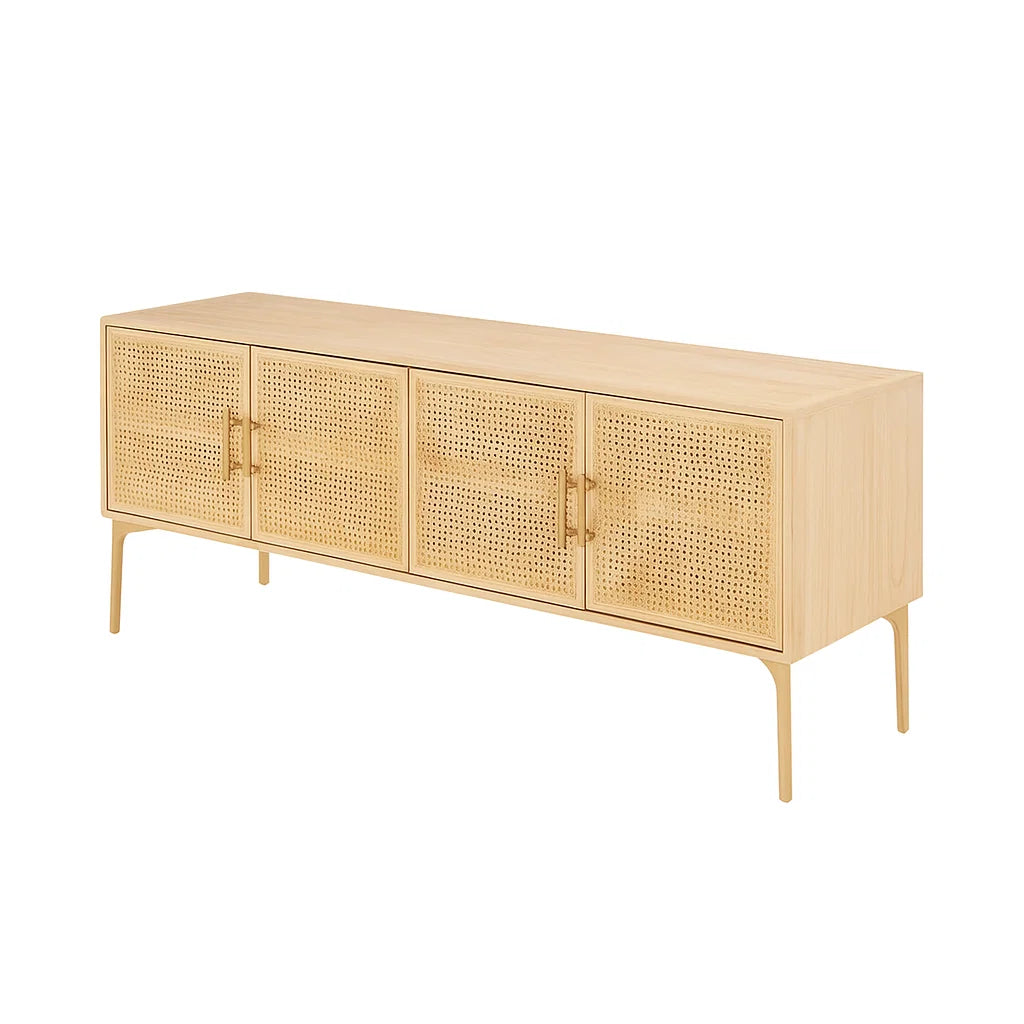 Sideboard Holz 4-Türig Rattangeflecht Natur