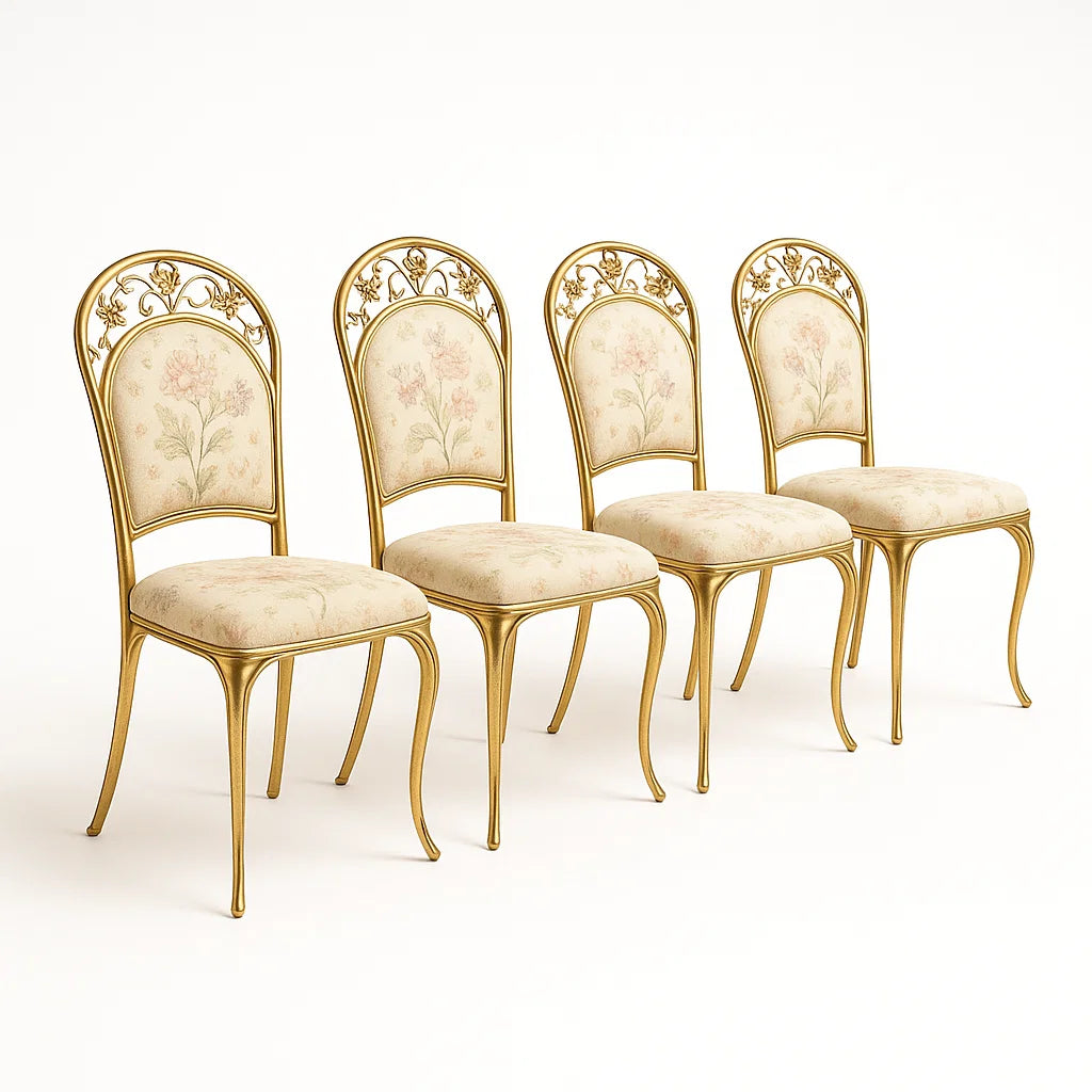 Set aus 4 Esszimmerstühlen mit floralem Stoff und Metallrahmen