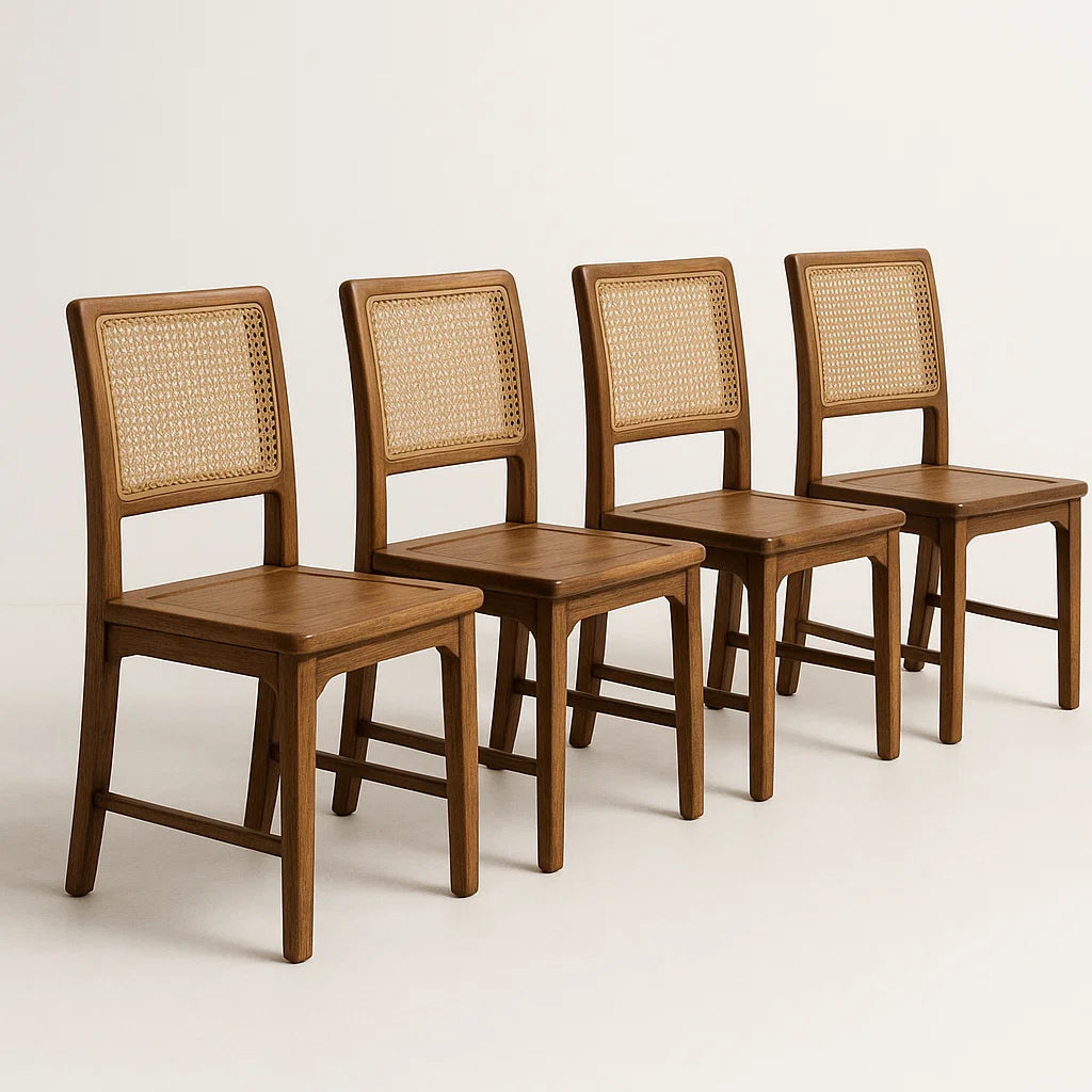 Esszimmerstühle aus Holz und Geflecht, Braun, 4er-Set