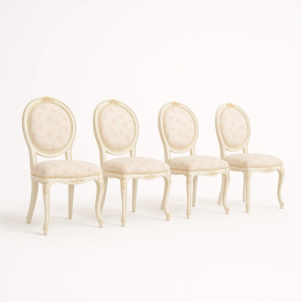 Set aus Esszimmerstühlen mit ovaler Rückenlehne, Holz, Baumwollbezug, Creme