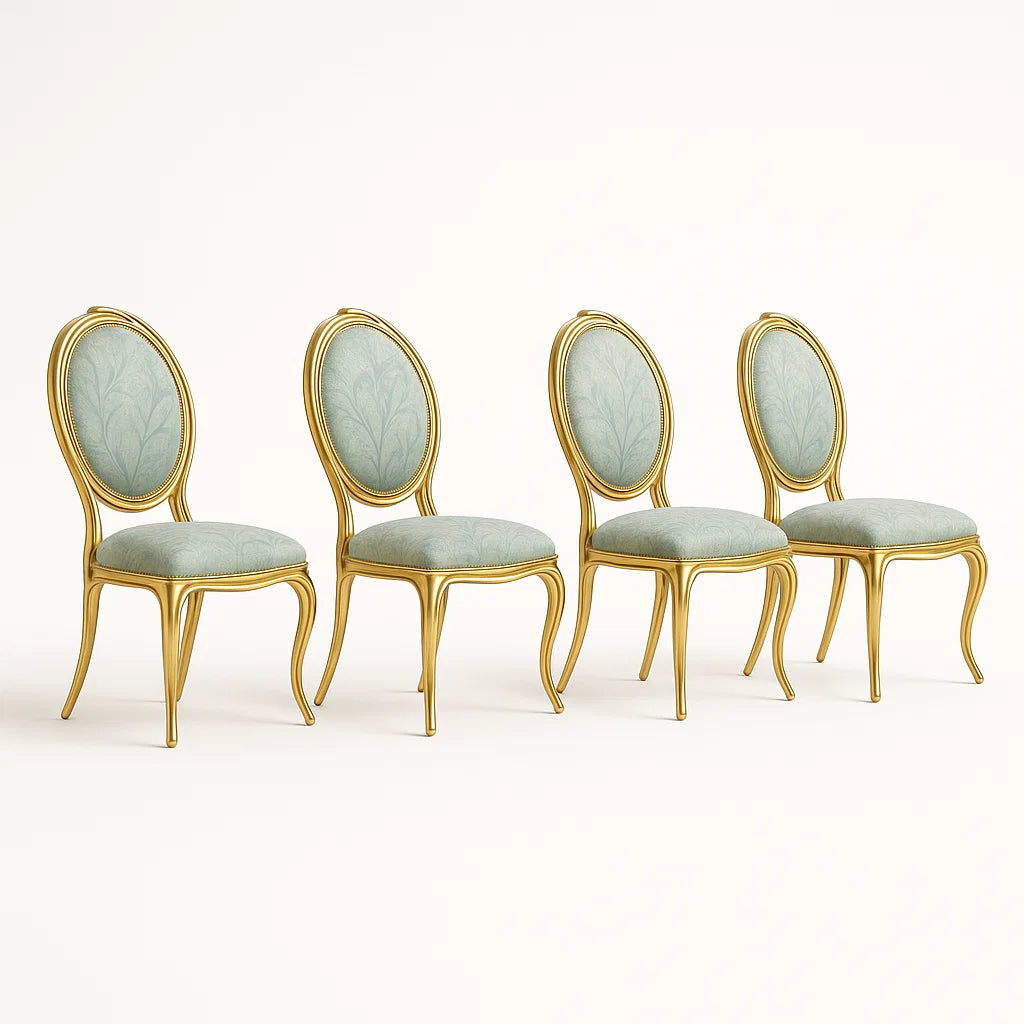 4er-Set Stühle mit ovaler Rückenlehne aus Holz und Polyester in Gold/Blau