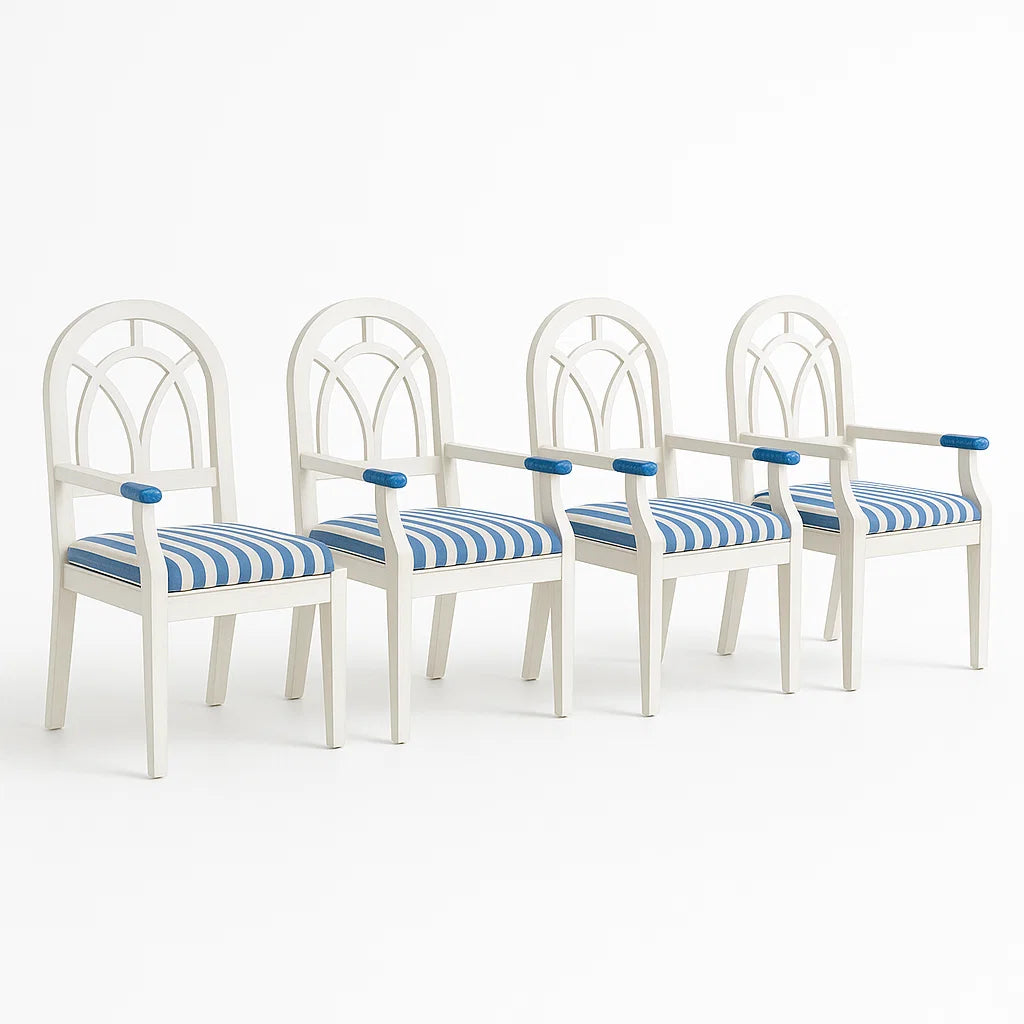 Set von 4 Holzstühlen mit Armlehnen Weiß mit Blau-Weißen Polster