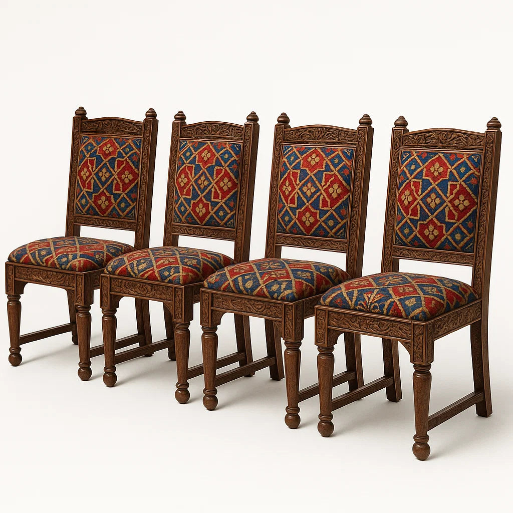 Set von 4 Holzstühlen mit gemustertem Stoffbezug