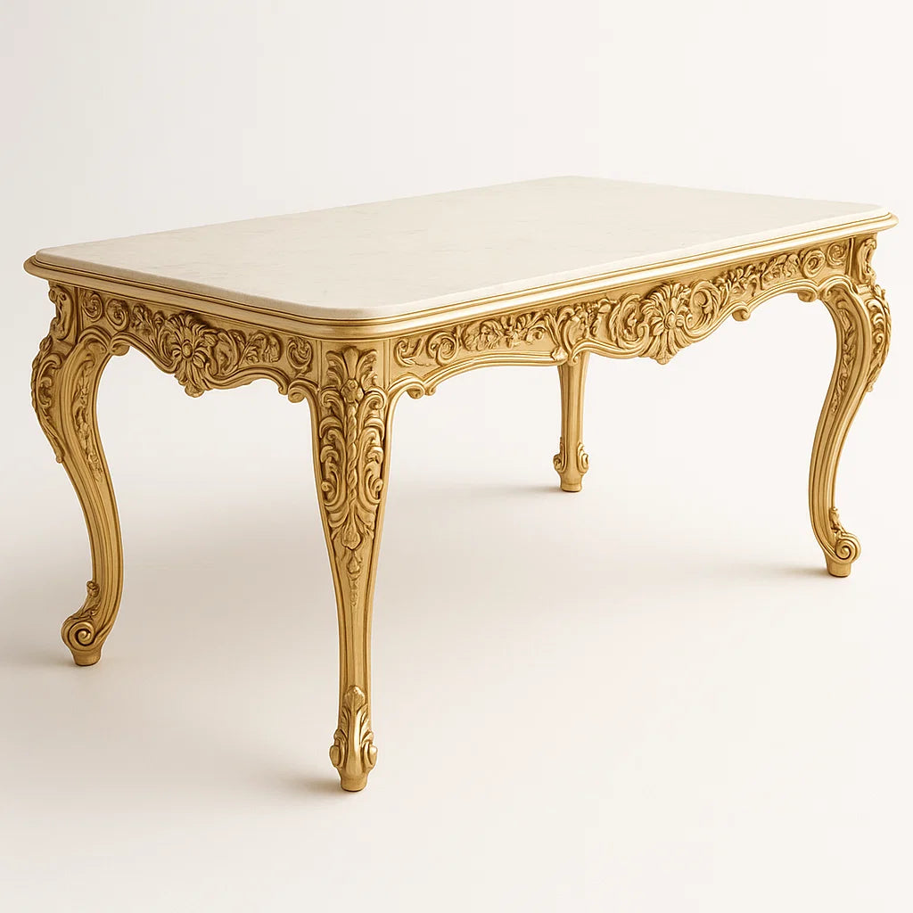 Barocker Esstisch aus Holz mit Marmorplatte in Gold