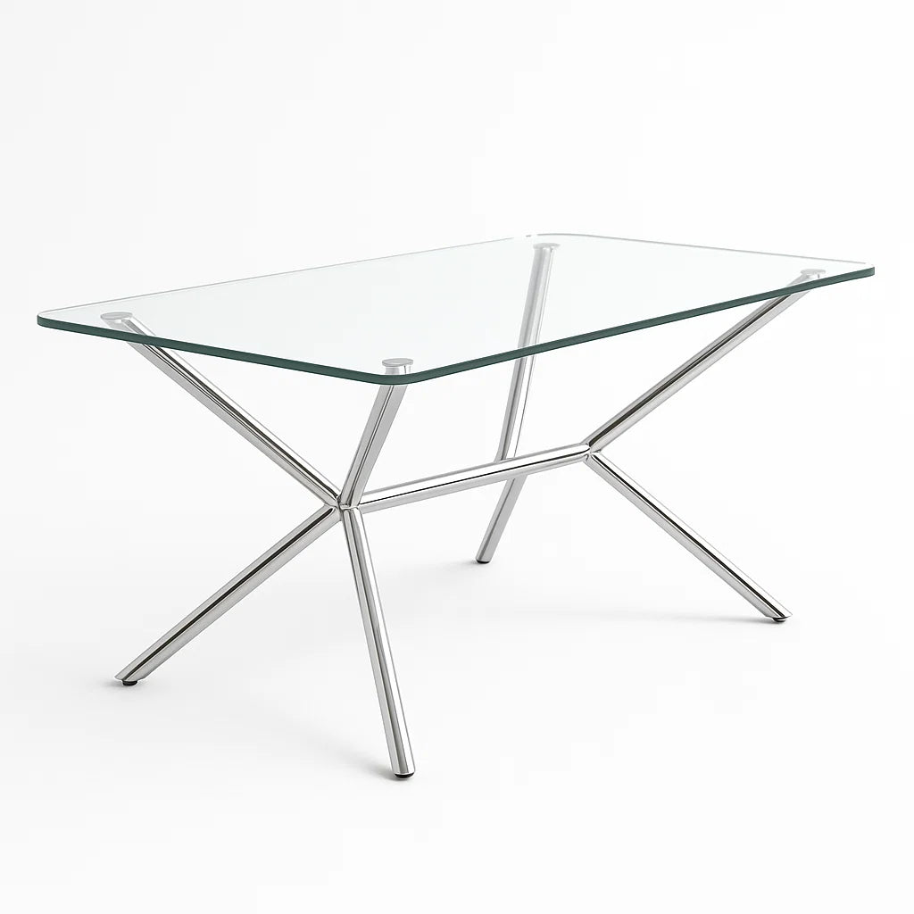 Rechteckiger Tisch aus Glas mit Edelstahlgestell