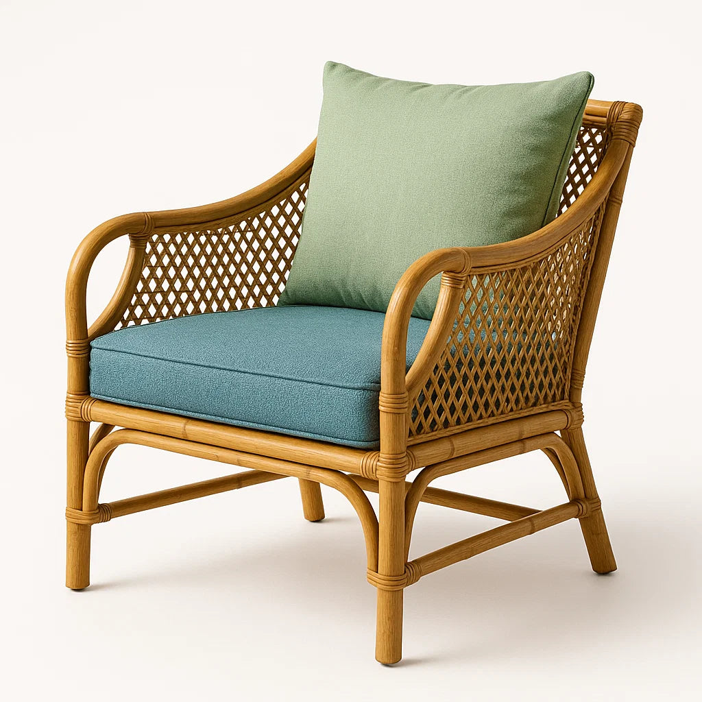 Rattansessel mit Baumwollkissen in Grün und Blau
