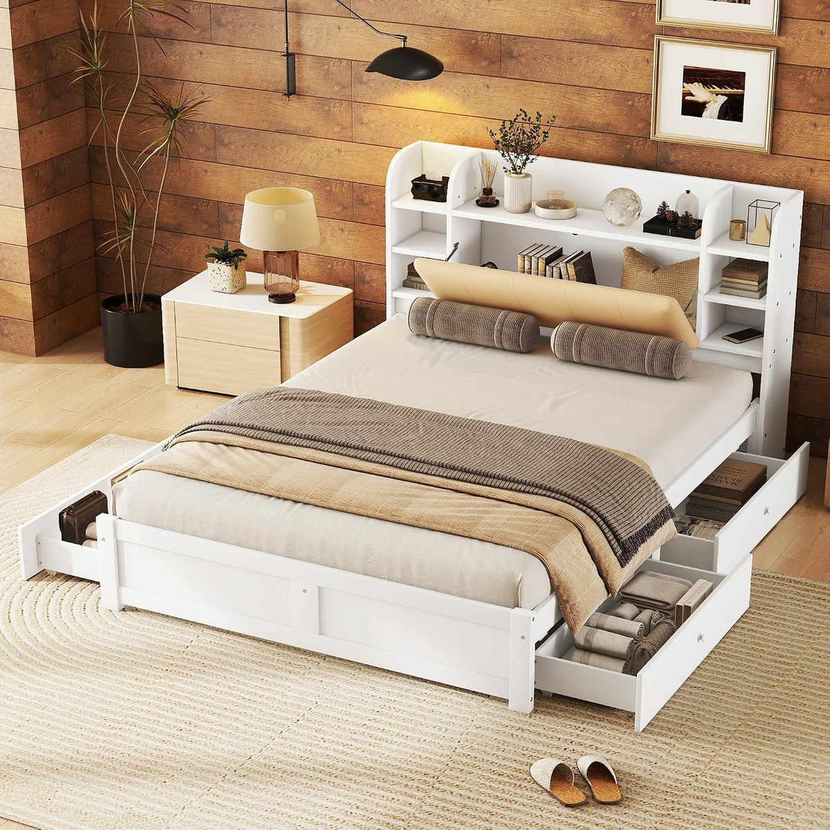 Schrank, 160 × 200 cm, mit Stauraum, aus Massivholz, Weiß, SOFTWEARY