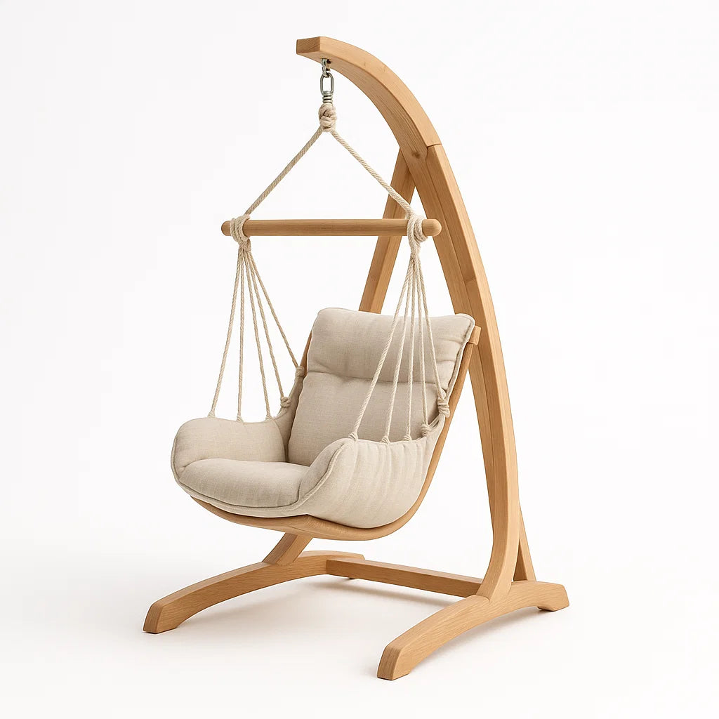 Holz Hängesessel mit Baumwollbezug und Polsterung, Beige