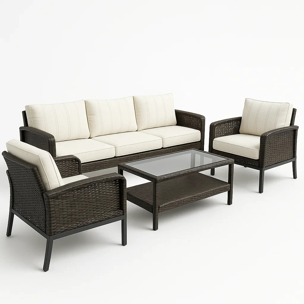 Außenbereich Lounge-Set aus Rattan und Glas in Dunkelbraun und Creme