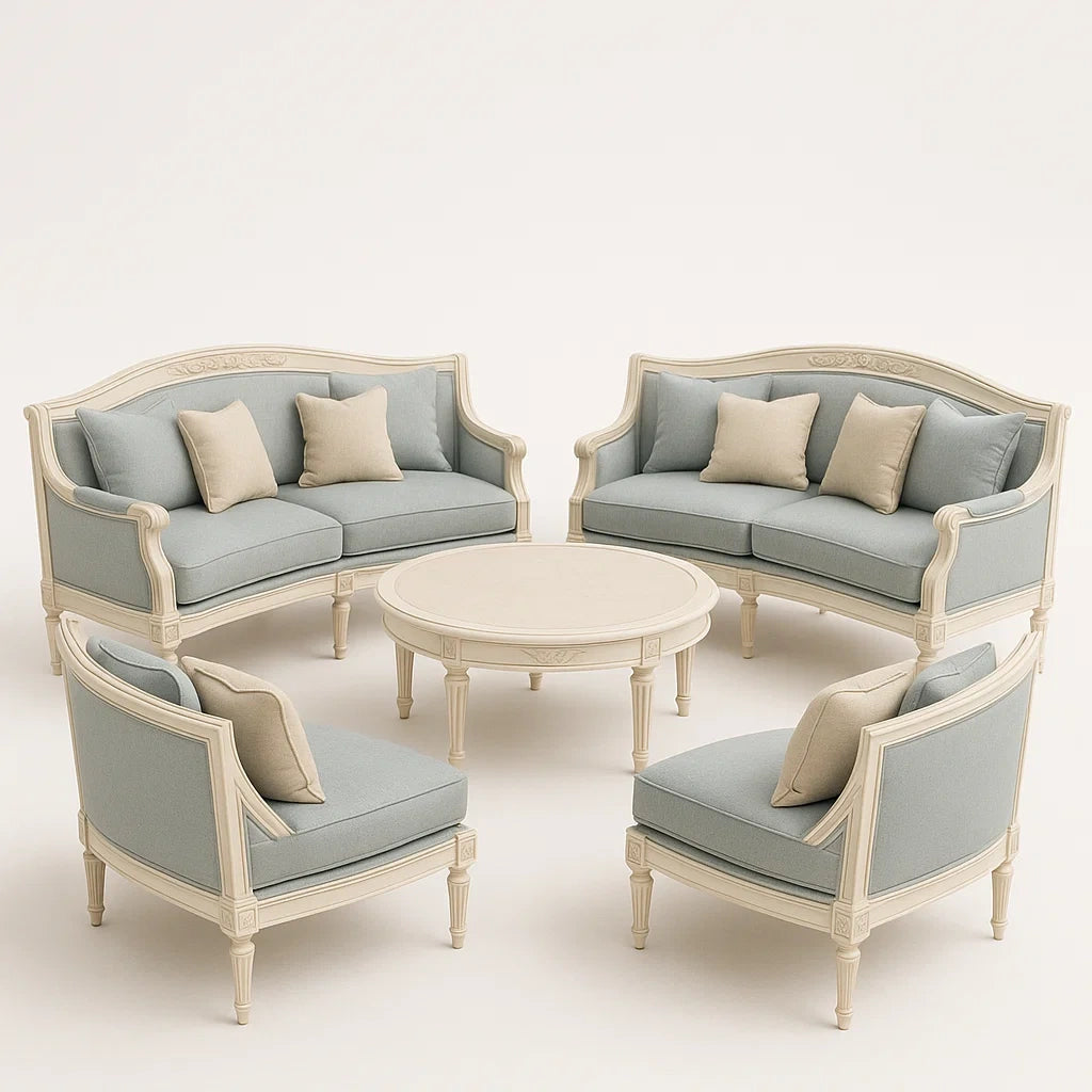 Sofagarnitur aus Holz und Polyester in Beige und Blau