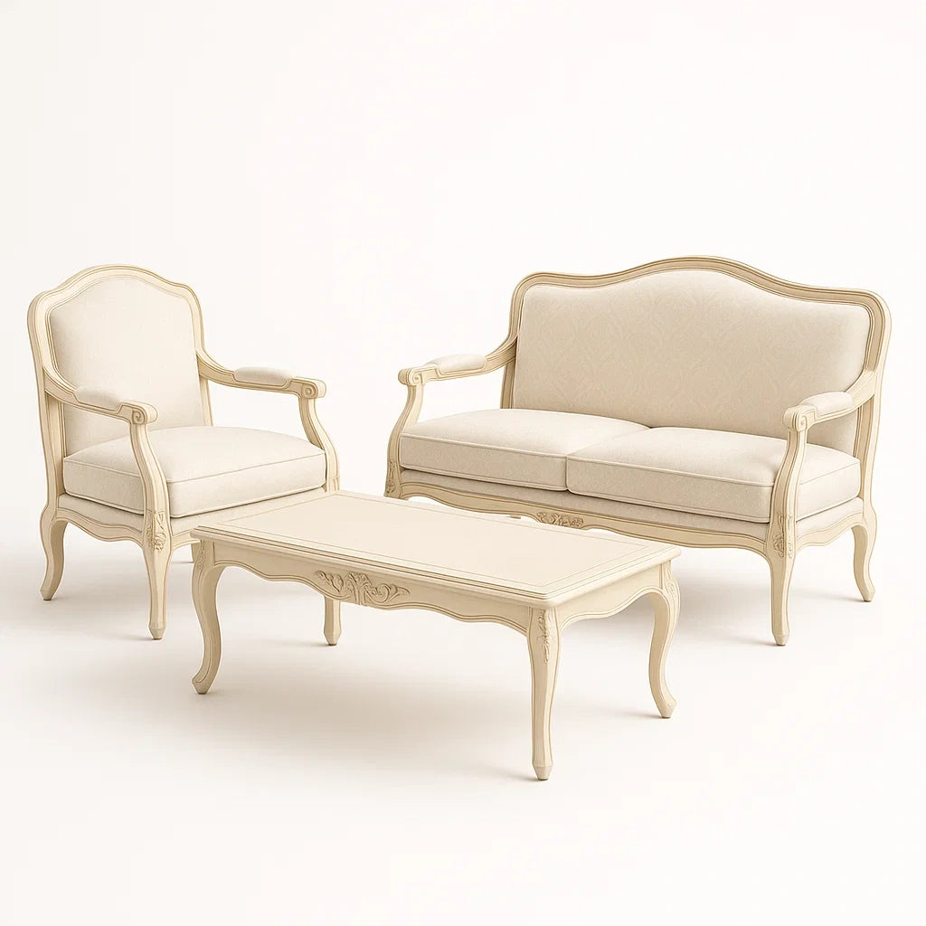 3-teiliges Wohnzimmer-Set aus Holz mit Polsterbezug in Creme