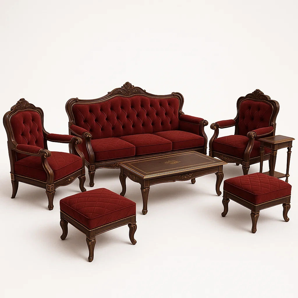 Klassisches Sofa-Set Rot Samt Massivholz 7-teilig