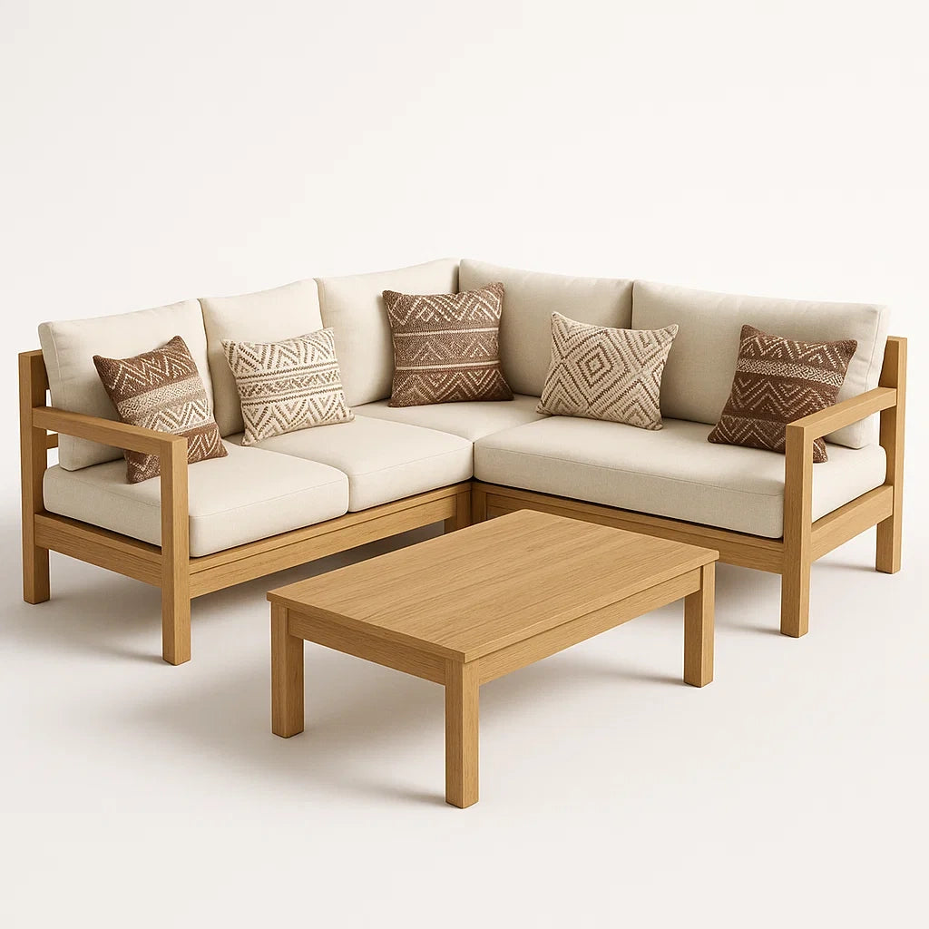 Ecksofa-Set aus Holz mit Leinenbezug in Beige