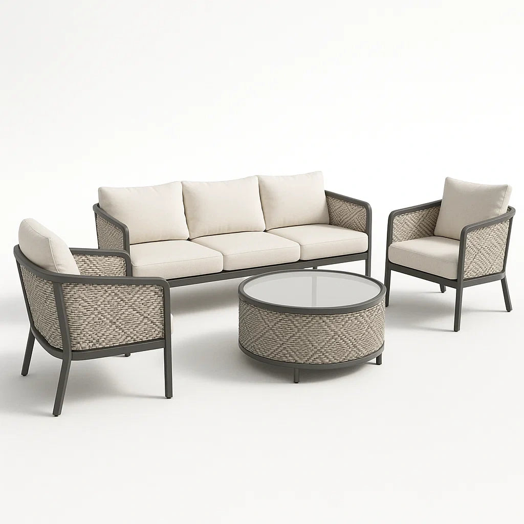 Sofagarnitur Set Metall Rattan Glas Beige mit Kissen