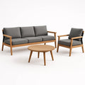 Gartenmöbelset aus Holz mit grauen Polstern, 3-Sitzer-Sofa, Sessel, runder Tisch