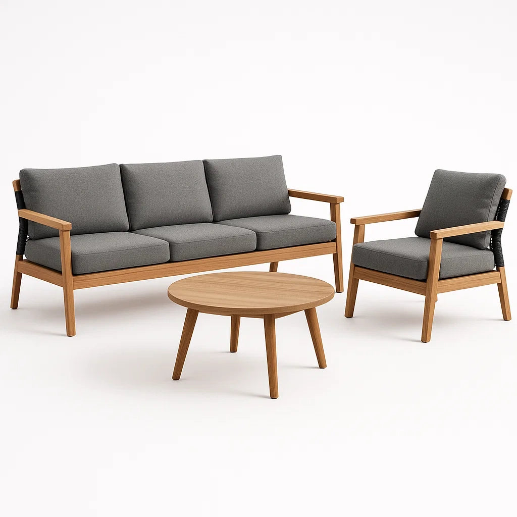 Gartenmöbelset aus Holz mit grauen Polstern, 3-Sitzer-Sofa, Sessel, runder Tisch