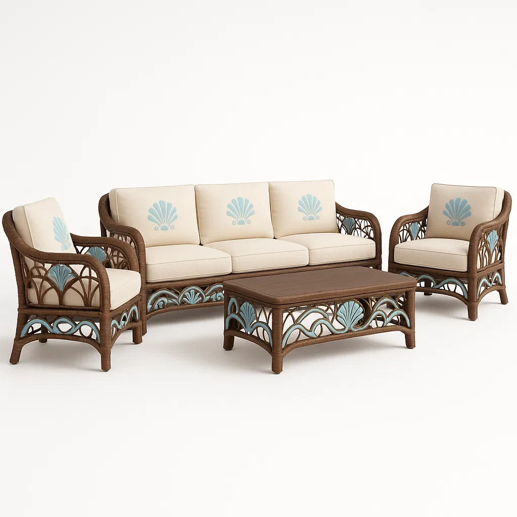 Rattan-Sofa-Set in Beige/Braun mit blauen Akzenten