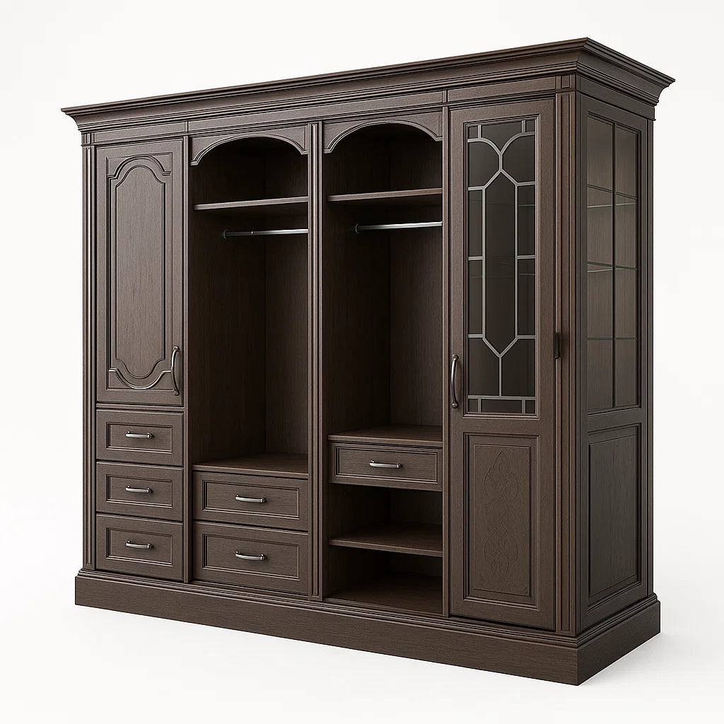 Kleiderschrank aus Eichenholz mit gehärtetem Glas Dunkelbraun 240cm x 220cm x 60cm