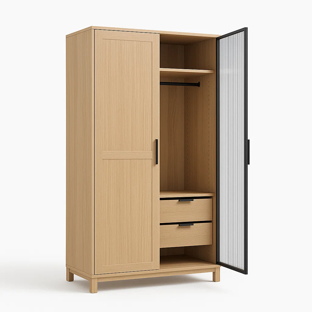 Kleiderschrank Holzfurnier mit Glastür und zwei Schubladen 200x100x60cm