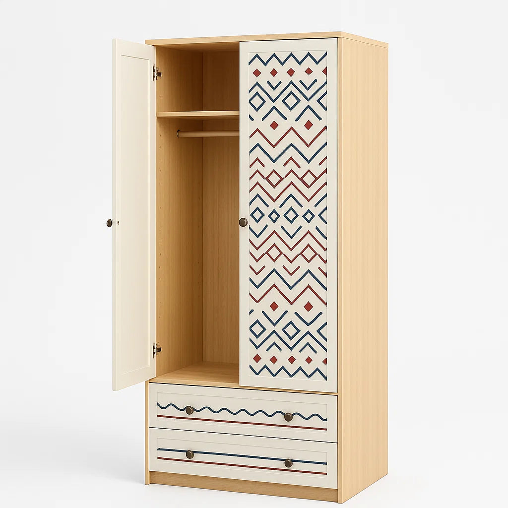 Kleiderschrank aus Holz mit Doppeltüren und Schubladen, Muster Beige/Braun/Blau 180cm