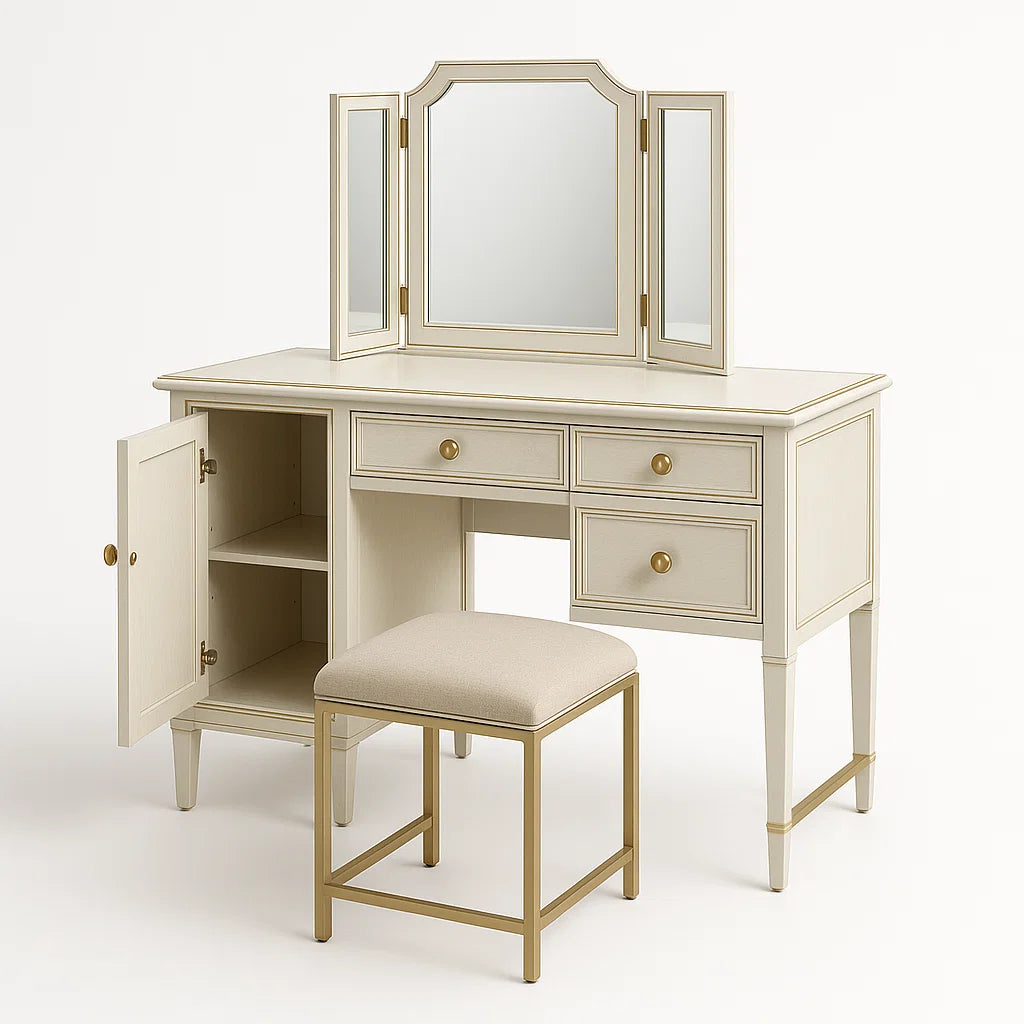 Schminktischset mit Spiegel und Hocker in Elfenbein