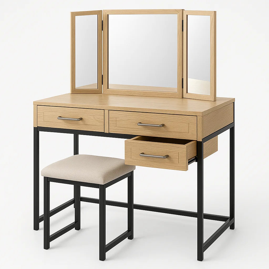 Holz und Metall Schminktisch mit Spiegel und Hocker