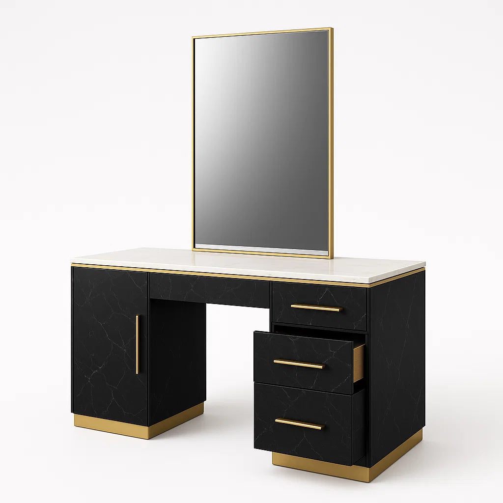 Schminktisch aus MDF mit Marmoroptik, Spiegel, Schwarz/Gold