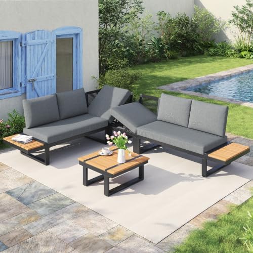 Gartenmöbel-Set, 8 cm, mit USB, aus Metall, für den Garten und die Terrasse, Grau/Holz, kozamas