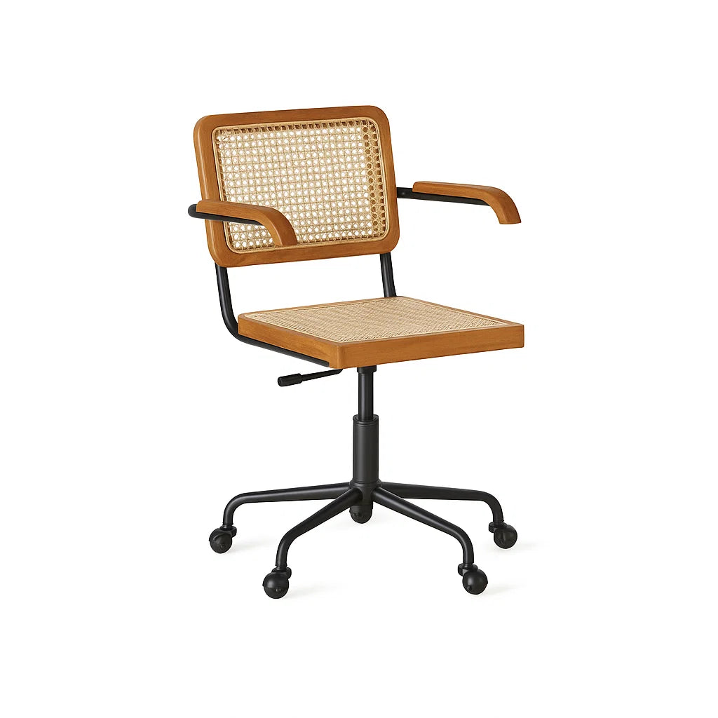 Bürostuhl Rattan mit Holzrahmen, Höhenverstellbar, mit Rollen