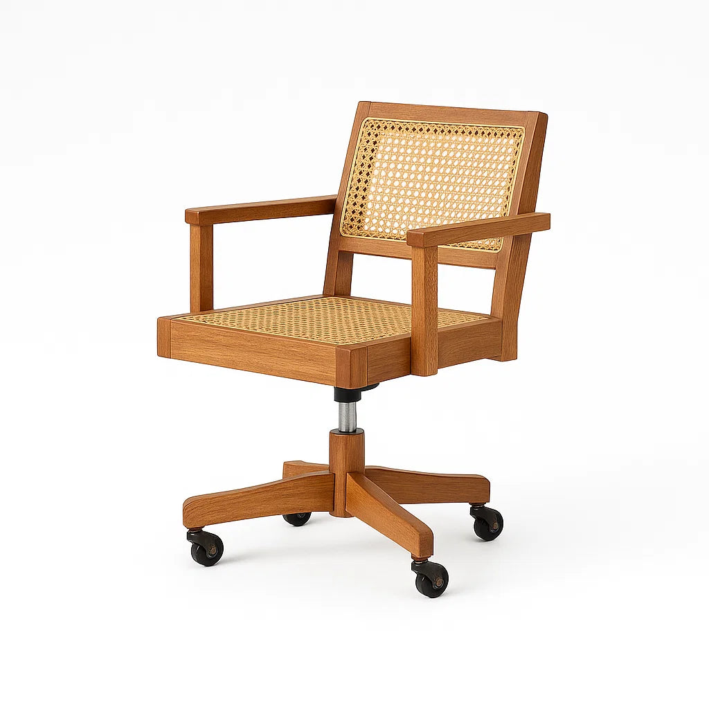 Bürostuhl aus Holz und Rattan mit Rollen