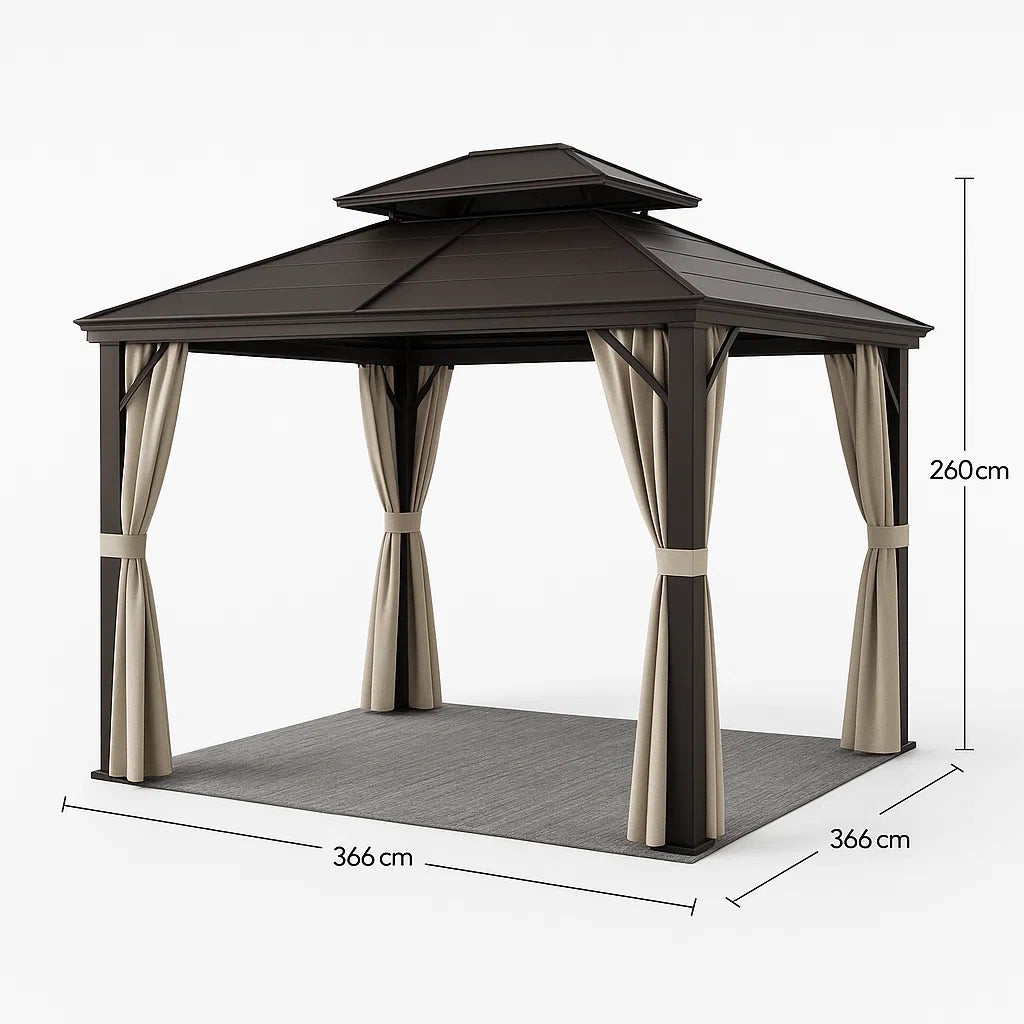 Gartenpavillon Stahl 366x366x260 cm mit Polyester-Vorhängen