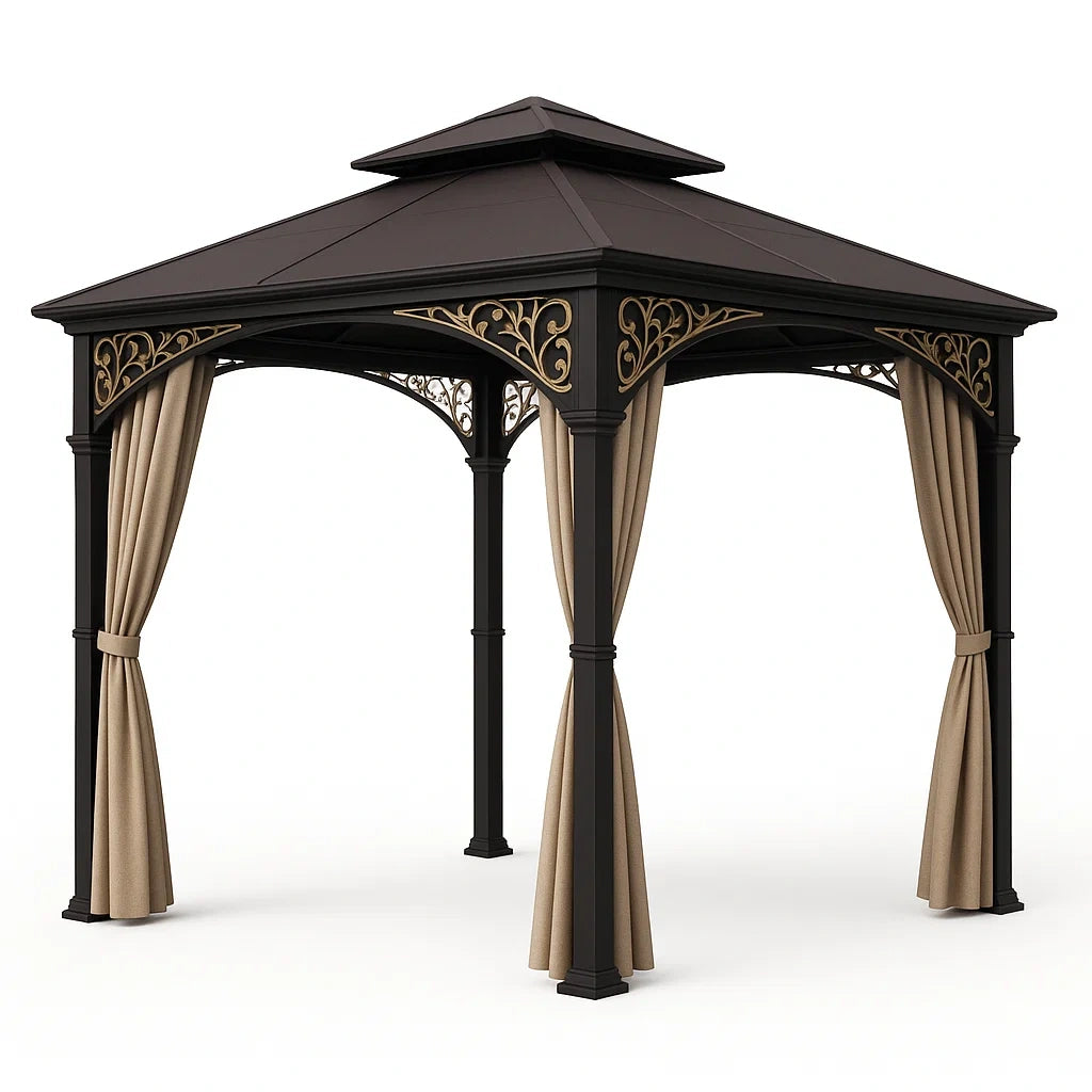 Aluminium Gartenpavillon mit Polyesterdach und Vorhängen, Schwarz/Braun, 3x3m