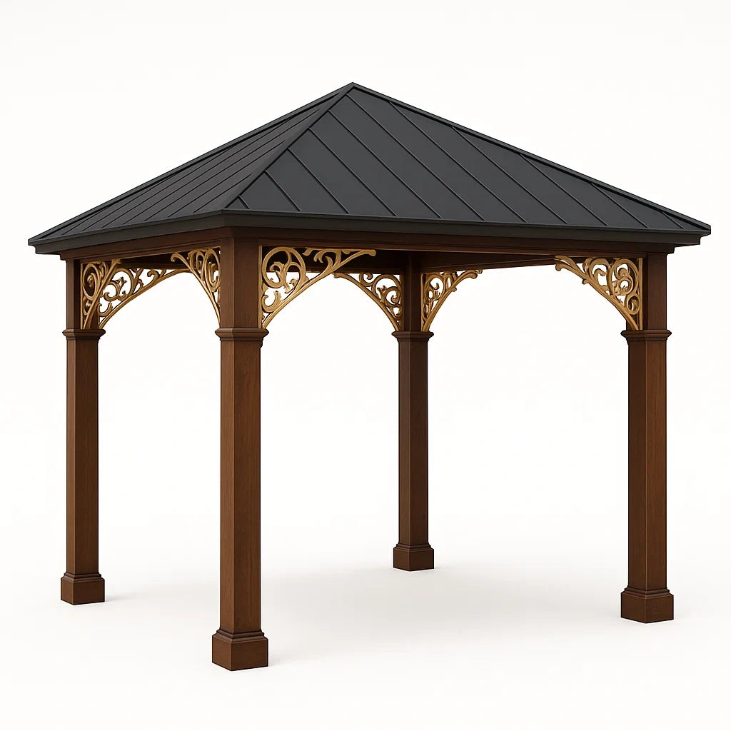 Gartenpavillon Holz mit Metallverzierungen und Stahldach 300x300x250 cm