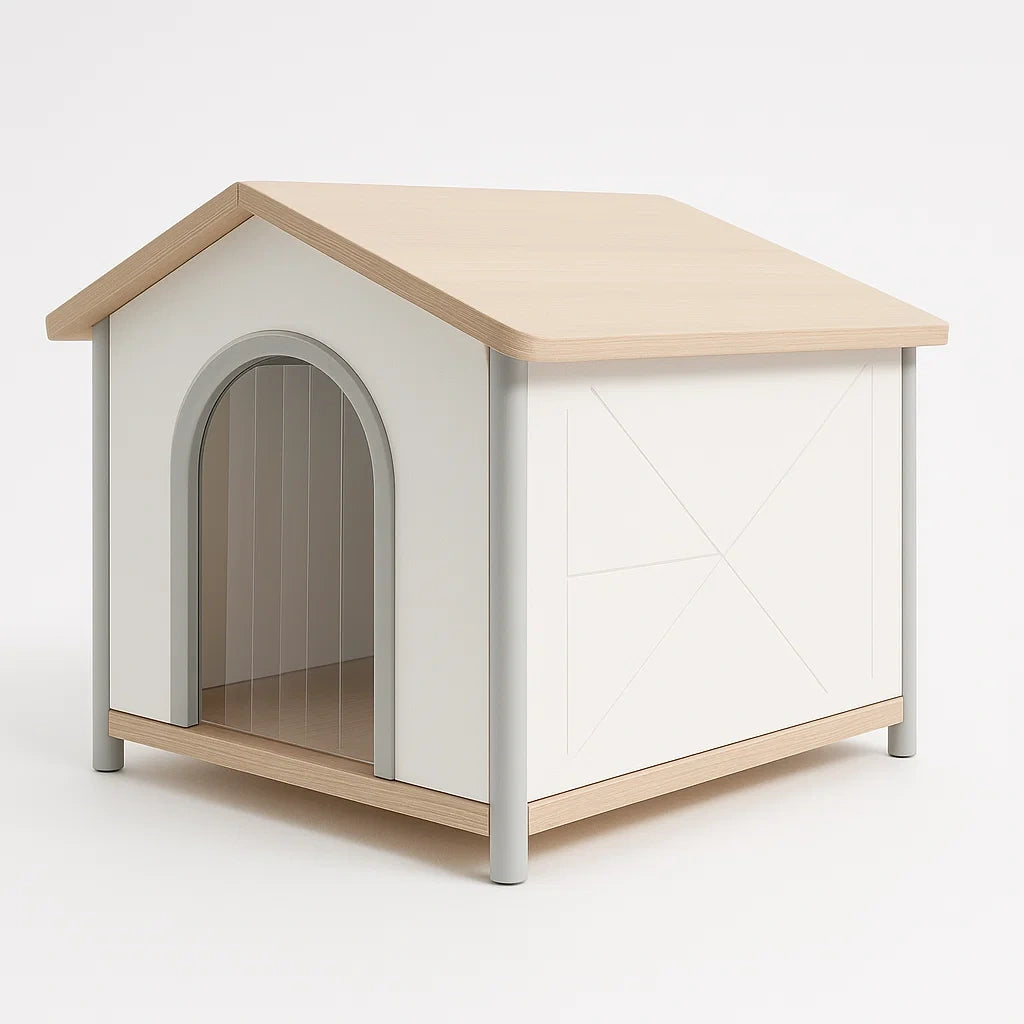Hundehütte MDF Weiß/Naturholz mit Metallrahmen