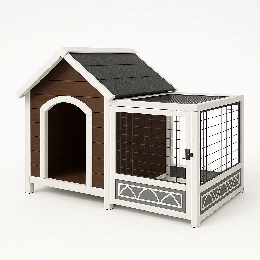 Hundehütte mit Zwinger aus Holz, Braun/Schwarz