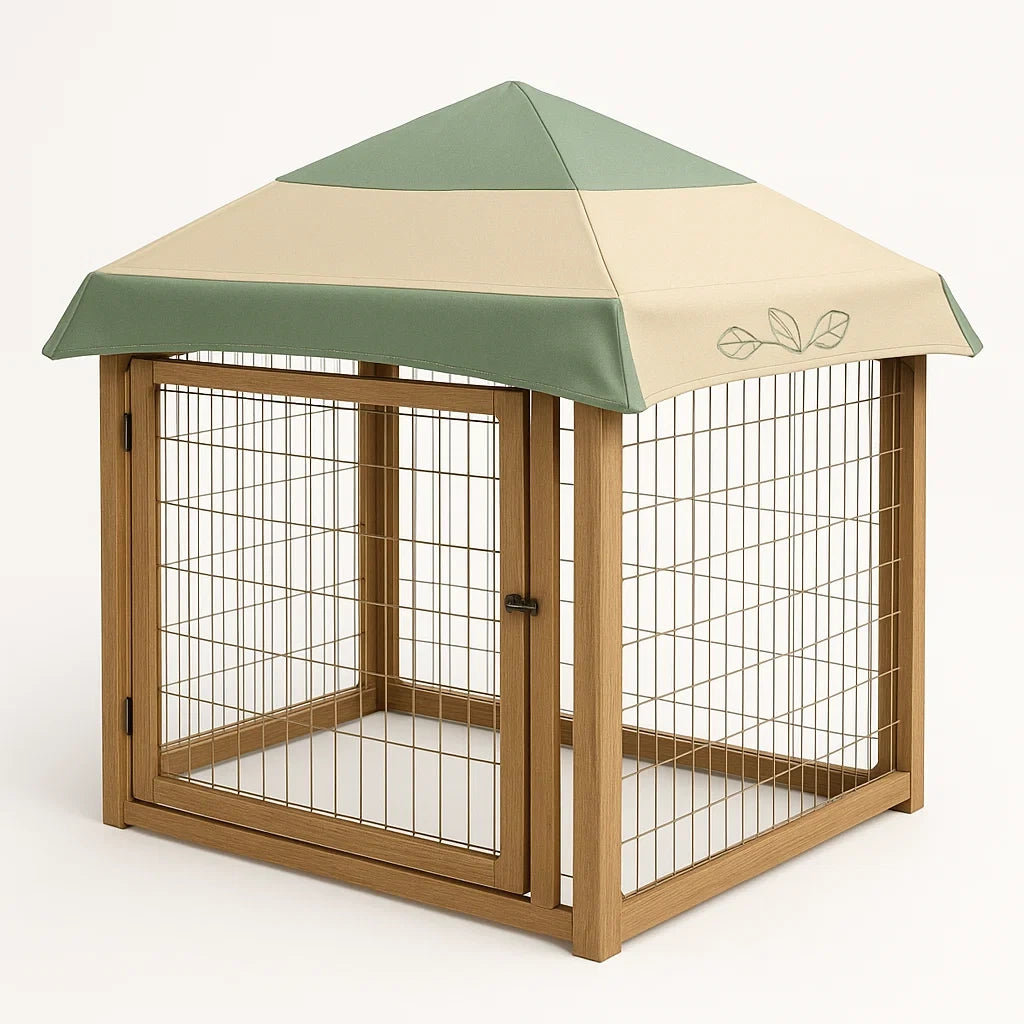 Holzhundehütte mit Metallgitter und Polyesterdach