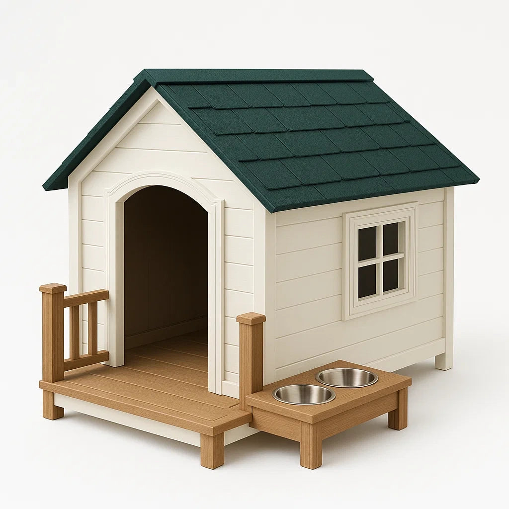 Holz-Hundehütte mit Edelstahl-Futterschalen Grün/Weiß