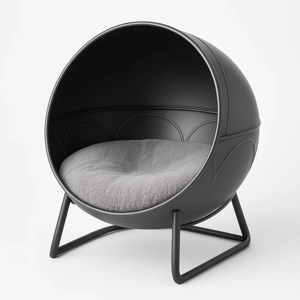 Katzenbett Kugelform aus Metall mit Grauem Kissen